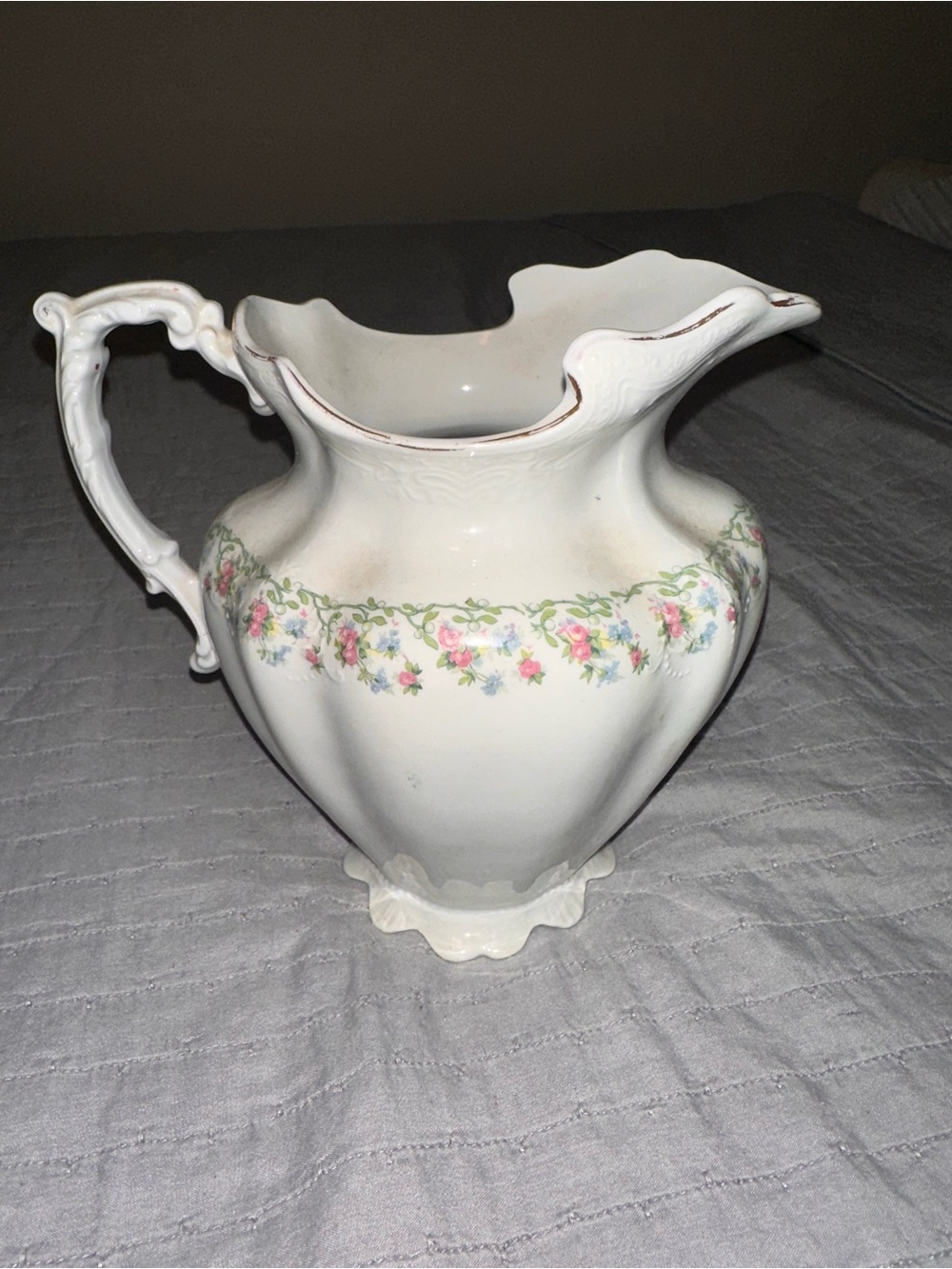J & G Meakin White Floral Ceramic Pitcher with Scalloped Edge and Handle